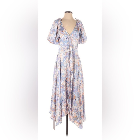 NWT ASTR Satin Floral Wrap Midi Dress XS Asymmetrical Sleeves Wedding Guest - Picture 2 of 16